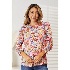 Double Take Floral Print Long Puff Sleeve Blouse - Large